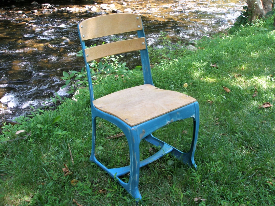 Vintage School Chair Wood/ Greenteal Painted Metal 385 Etsy