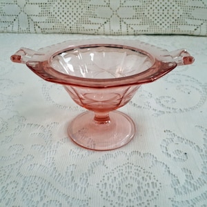 Elegant Vintage Rose / Pink Etched Depression Glass Compote - Candy Dish with Handles (598)