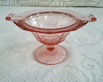 Elegant Vintage Rose / Pink Etched Depression Glass Compote - Candy Dish with Handles (598)