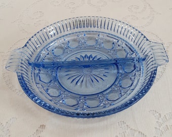 Vintage Blue Indiana Glass Windsor Divided Relish / Candy Dish circa 1960s (677)