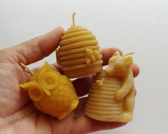 Set of Three Beeswax Candles - Adorable Owl , Skep, Honey Bear - Pure Beeswax Votives -  Ethical Beeswax