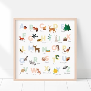 Woodland Animal Alphabet Square / Nursery Decor / Hunter Baby / Playroom Wall Art / Baby Alphabet Poster / ABCs