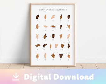 Digital Download Sign Language Alphabet Diversity / Nursery Decor / Playroom Wall Art / ASL Alphabet Poster / ABCs