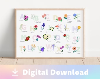 Digital Download Flower Alphabet / Nursery Decor / Playroom Wall Art / Baby Girl Alphabet Poster / ABCs