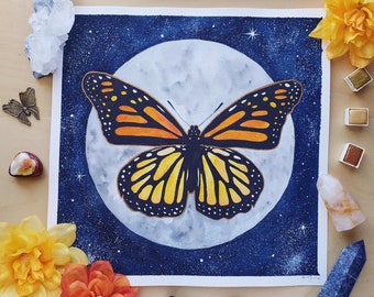 Monarch Butterfly Watercolor Full Moon Hand Painted Original