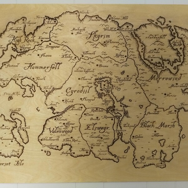 Tamriel Map Elder Scrolls Wood Engraving Art - Skyrim, Morrowind