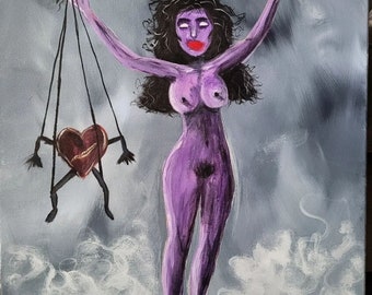 May include: A painting of a woman with purple skin and long black hair. She is holding a red brain in one hand and a heart on a string in the other. The background is a gray and white cloudy sky.