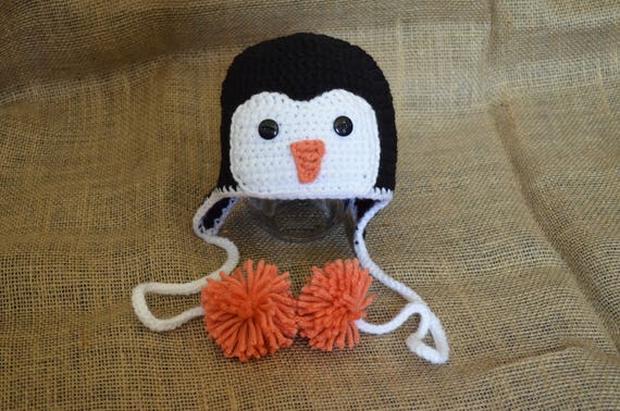 Handmade Crochet Penguin Beanie with Earflaps