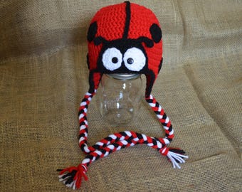 Handmade Crocet Lady Bug Beanie with Earflaps