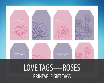 Printable Gift Tags: Romantic Roses Gift Tags, Holiday Printable Gift Tags—Pink & Purple Roses Gift Tags—Downloadable PDF File