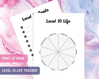 May include: Printable Level 10 Life Tracker worksheet with a black and white spider web chart for tracking progress in different areas of life, including health and fitness, family and friends, giving, physical environment, romance, career and business, personal development, spirituality, and finances.