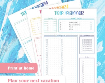 May include: A printable trip planner with sections for savings, budget tracker, packing list, and countdown. The planner has a dotted background and is designed to help plan a vacation.