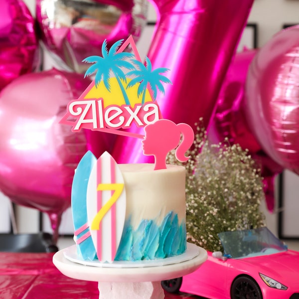 Doll Style Acrylic Cake Topper: Malibu Beach Party, Surfboard Charm