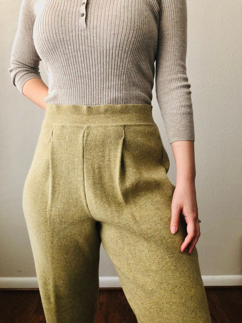 Sustainable Women/'s Clothing Avocado Green High Waist Knit Pants Vintage 90s Lounge Trousers