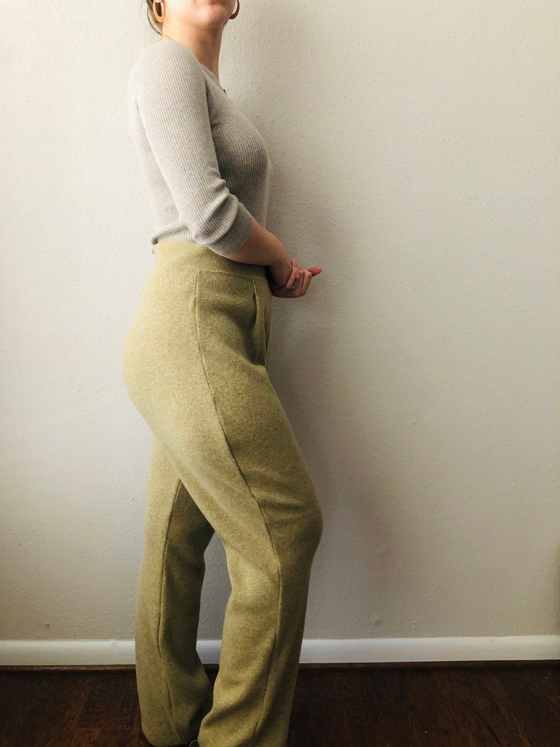 Sustainable Women/'s Clothing Avocado Green High Waist Knit Pants Vintage 90s Lounge Trousers