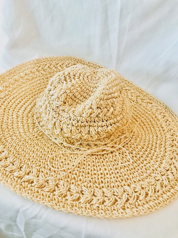 Raffia Sun Hat Wide Brimmed Woven Tan Straw, Women