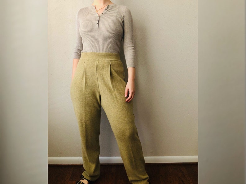 Sustainable Women/'s Clothing Avocado Green High Waist Knit Pants Vintage 90s Lounge Trousers