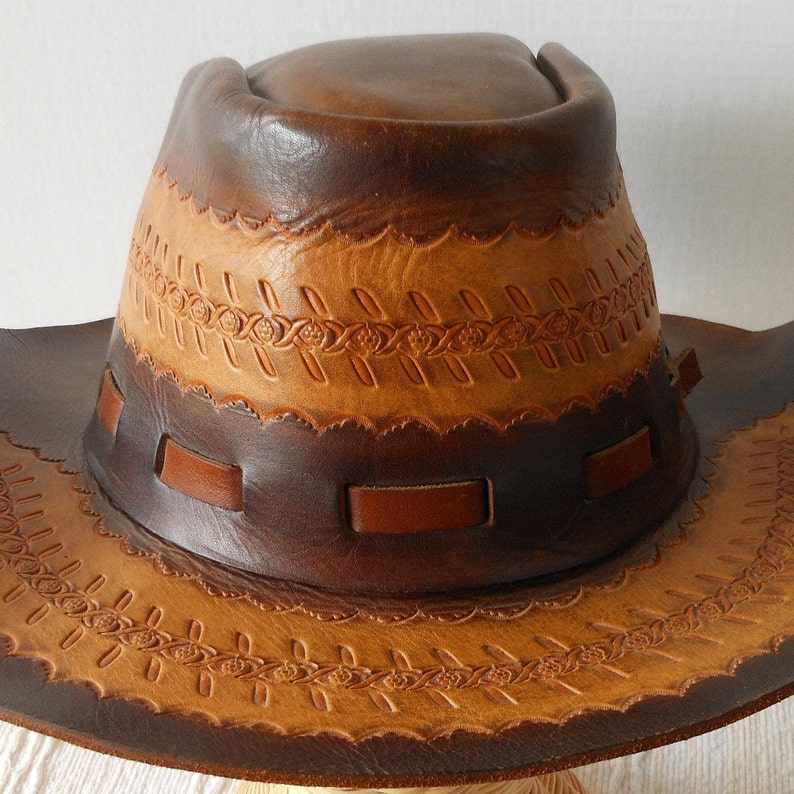 Leather Handcrafted Vintage Hat Boho Gambler Western Tooled Brim Crown Brown Tan UNISEX Size ML