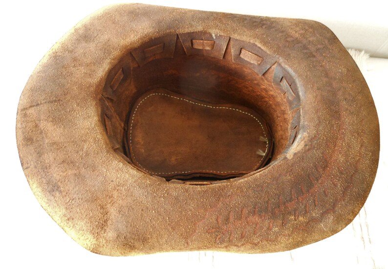 Leather Handcrafted Vintage Hat Boho Gambler Western Tooled Brim Crown Brown Tan UNISEX Size ML