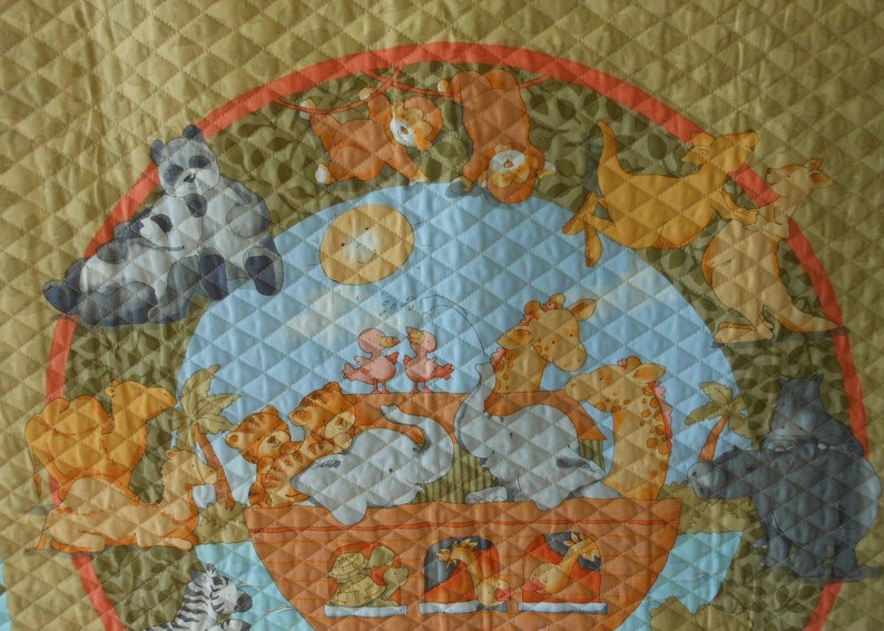 Noah/'s Ark Baby Quilt Panel Vintage Nursery Bedding Wall Hanging Cathy Heck