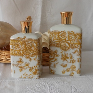 Vintage Ceramic Perfume Bottles French 1950s Toile De Nantes Boudoir Vanity Luxury Porcelaine De Paris