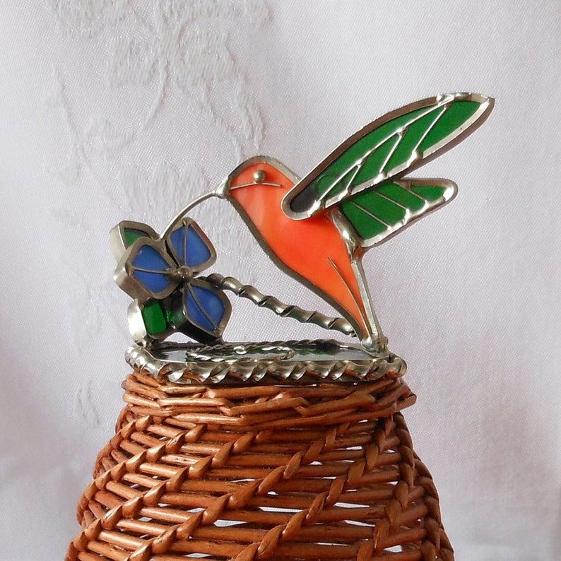 Hummingbird Stained Glass Vintage Collectible Table Top Decor Suncatcher Ornament Hand Crafted Art Glass