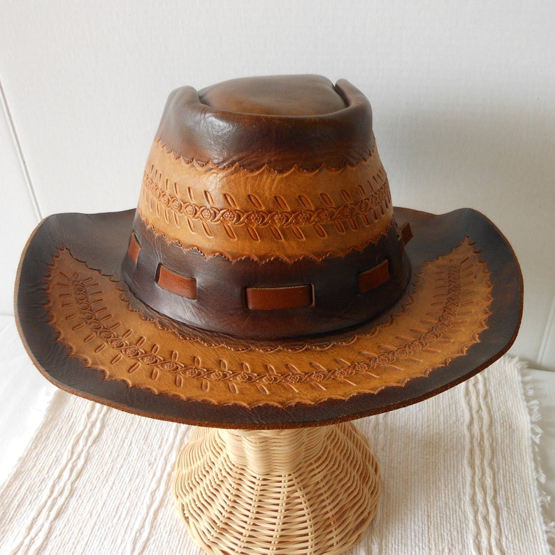 Leather Handcrafted Vintage Hat Boho Gambler Western Tooled Brim Crown Brown Tan UNISEX Size ML