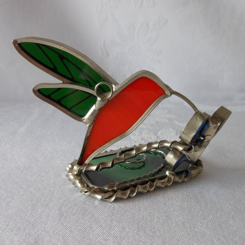 Hummingbird Stained Glass Vintage Collectible Table Top Decor Suncatcher Ornament Hand Crafted Art Glass