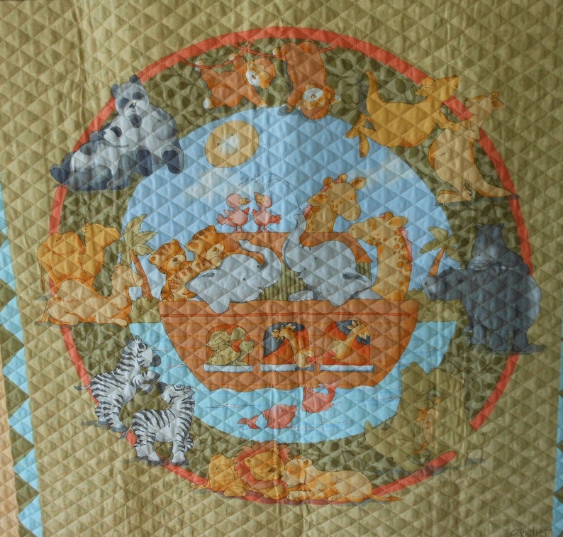 Noah/'s Ark Baby Quilt Panel Vintage Nursery Bedding Wall Hanging Cathy Heck