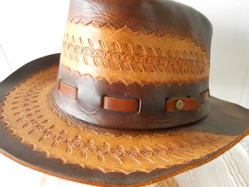 Leather Handcrafted Vintage Hat Boho Gambler Western Tooled Brim Crown Brown Tan UNISEX Size ML