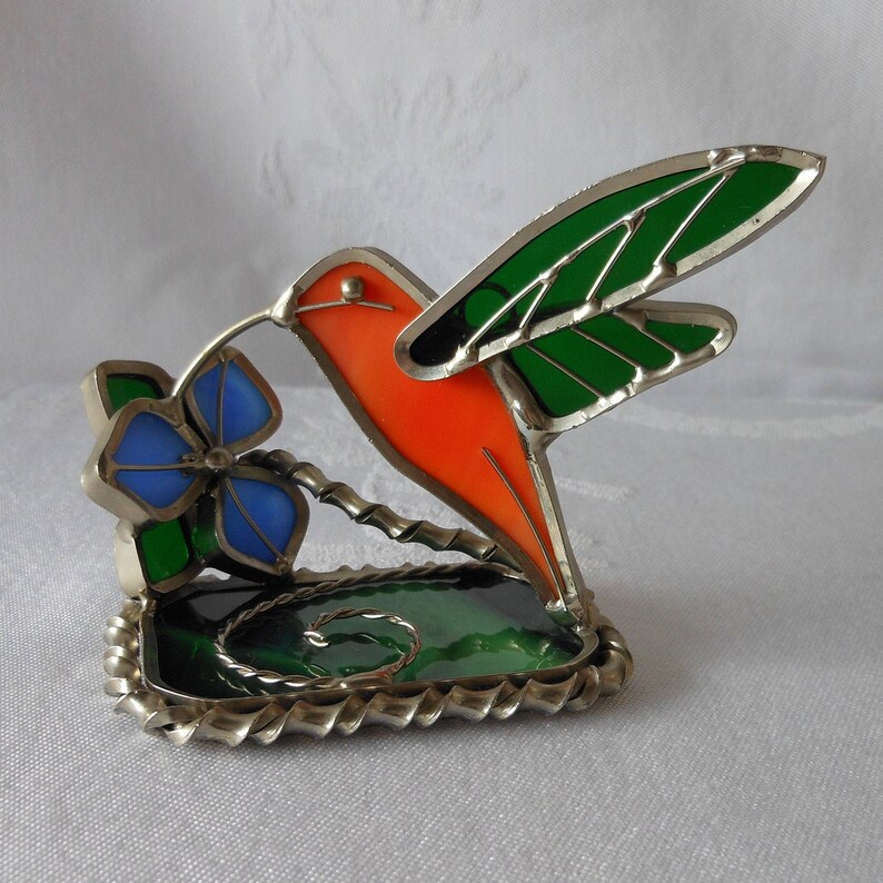 Hummingbird Stained Glass Vintage Collectible Table Top Decor Suncatcher Ornament Hand Crafted Art Glass