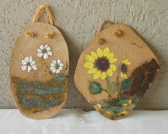 Daisy Sunflower Ceramic Wall Art Sculpture Vintage Natural Art Hand Made Earthy Nature Home Decor Grouping Pair