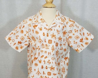 Boy's Toddler Shirt - Size 3T - Button-Up Shirt - Orange Warli India Block Print - 100% Cotton - Ready to Ship