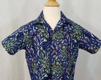 Boy's Toddler Aloha Shirt - Size 2T or 3T - Button-Up Shirt - Hawaiian - Polynesian - 100% Cotton - Pineapples - Navy Blue - Ready to Ship