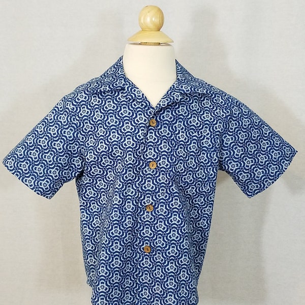 Boy's Shirt - Size 5 - 100% Cotton - South African Shweshwe - Spinning Triangles - Indigo Blue - Ready to Ship