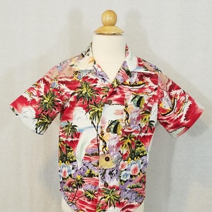Boy&#39;s Aloha Shirt - Size 5 - Hawaiian - 100% Cotton - Red Tropical Fish - Net Fishermen - Hibiscus Flowers - Palm Trees - Ready to Ship