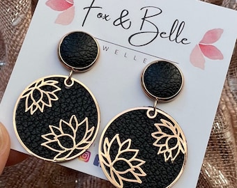 Leather dangle earrings- lotus in black with rose gold. Stainless steel post. Hypoallergenic. Light weight earring. 12mm stud.