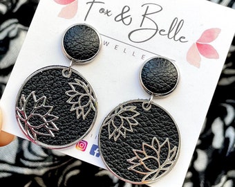 Leather dangle earrings- lotus in black with silver. Stainless steel post. Hypoallergenic. Light weight earring. 12mm stud.