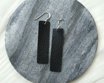 Leather earrings- Bar design in black beauty. Hypoallergenic sterling silver hooks. Light weight earrings.