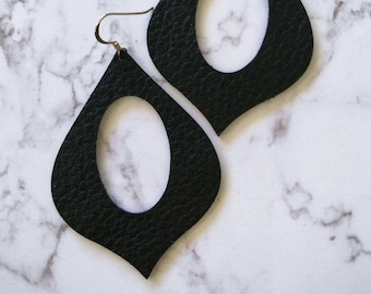 Leather Earrings- Genie shape in Black beauty print. Hypoallergenic sterling silver hooks. Light weight earrings.