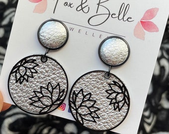 Leather dangle earrings- lotus in silver with black. Stainless steel post. Hypoallergenic. Light weight earring. 12mm stud.
