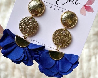 Leather earrings- golden floral dangle earrings. Stainless steel gold stud with royal blue material floral fan. Gold earrings. Light weight.