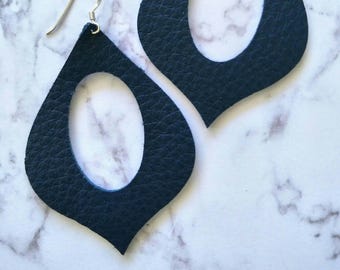 Leather Earrings- Genie shape in Navy blue print. Hypoallergenic sterling silver hooks. Light weight earrings.