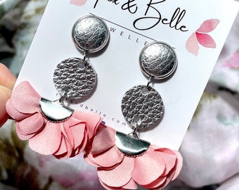 Leather earrings- silver floral dangle earrings. Stainless steel silver stud with pink material floral fan. Silver  earrings. Light weight.