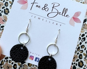 Leather earrings. Black Swing dangle earrings. Sterling silver hooks. Light weight. Leather dangles. Black earrings.