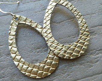 Leather Earrings- MINI Silhouette gold snake print. Hypoallergenic sterling silver hooks. Light weight earrings.