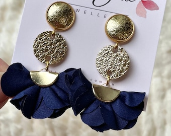 Leather earrings- golden floral dangle earrings. Stainless steel gold stud with navy blue material floral fan. Gold earrings. Light weight.