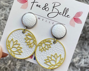 Leather dangle earrings- lotus in white with yellow. Stainless steel post. Hypoallergenic. Light weight earring. 12mm stud.