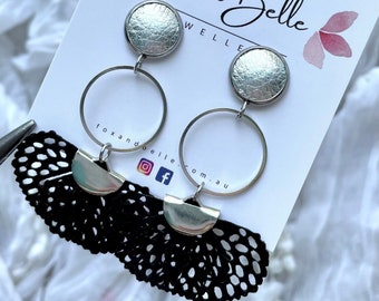 Leather earrings- silver hoop dangle earrings in black. Stainless steel stud with floral detail. Black earrings. Light weight.