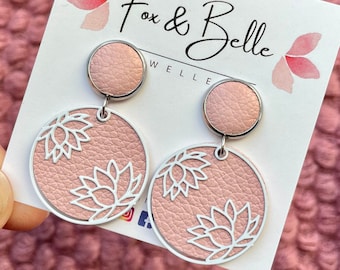 Leather dangle earrings- lotus in pink with white. Stainless steel post. Hypoallergenic. Light weight earring. 12mm stud.